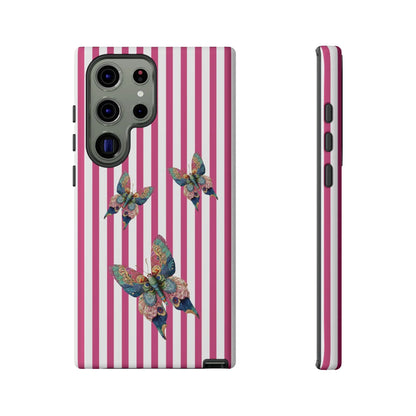 Back of a floral butterfly pink stripe phone case with vibrant pink and white stripes and multicolored butterfly design