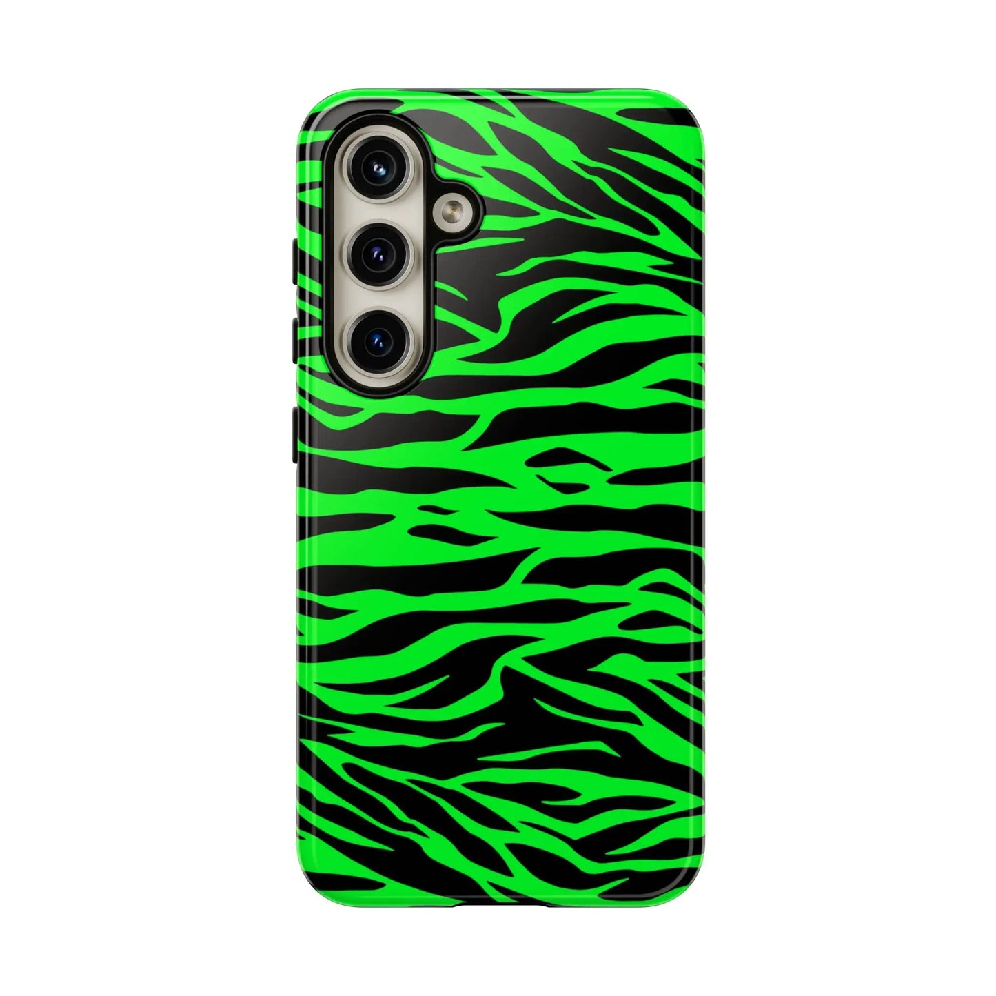 Back side of a vibrant neon green wild print tiger pattern phone case for iphone galaxy s and pixel phones