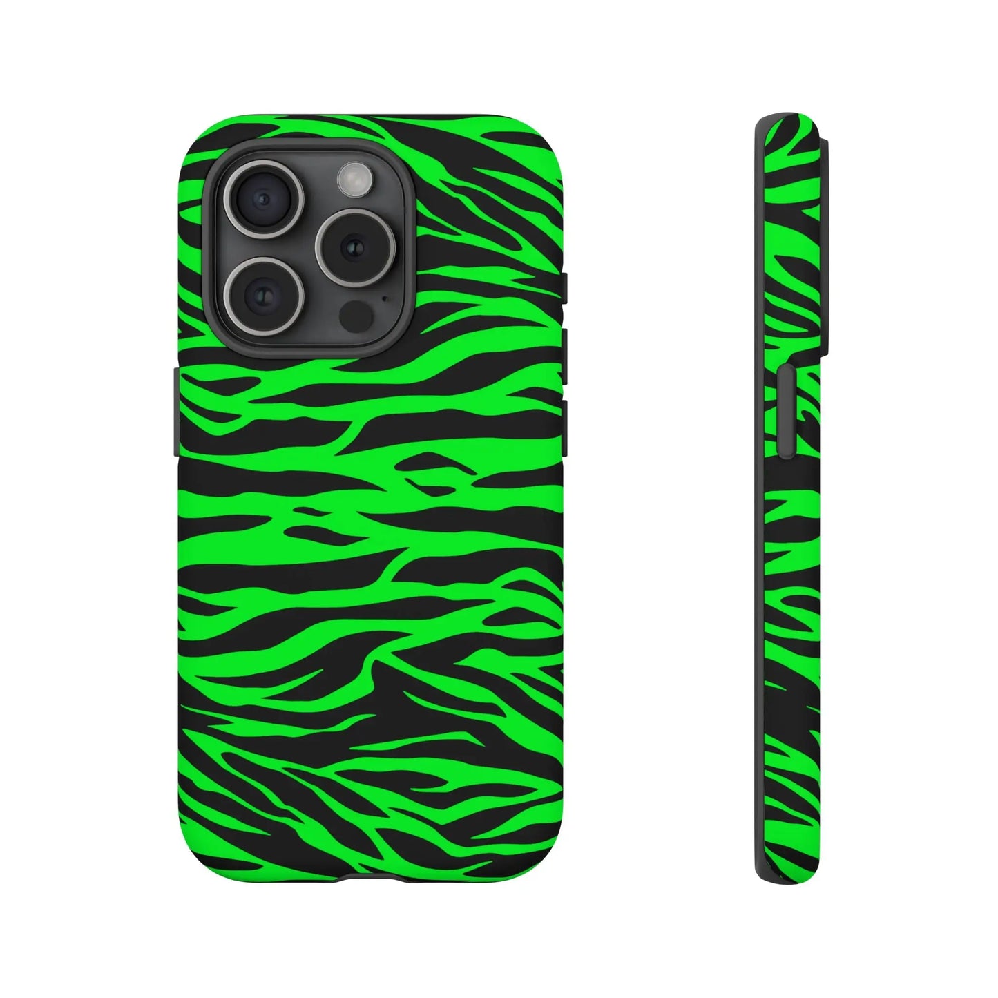 Back of a vibrant neon green wild print tiger pattern phone case with a sleek protective design for iPhone Galaxy and Pixel