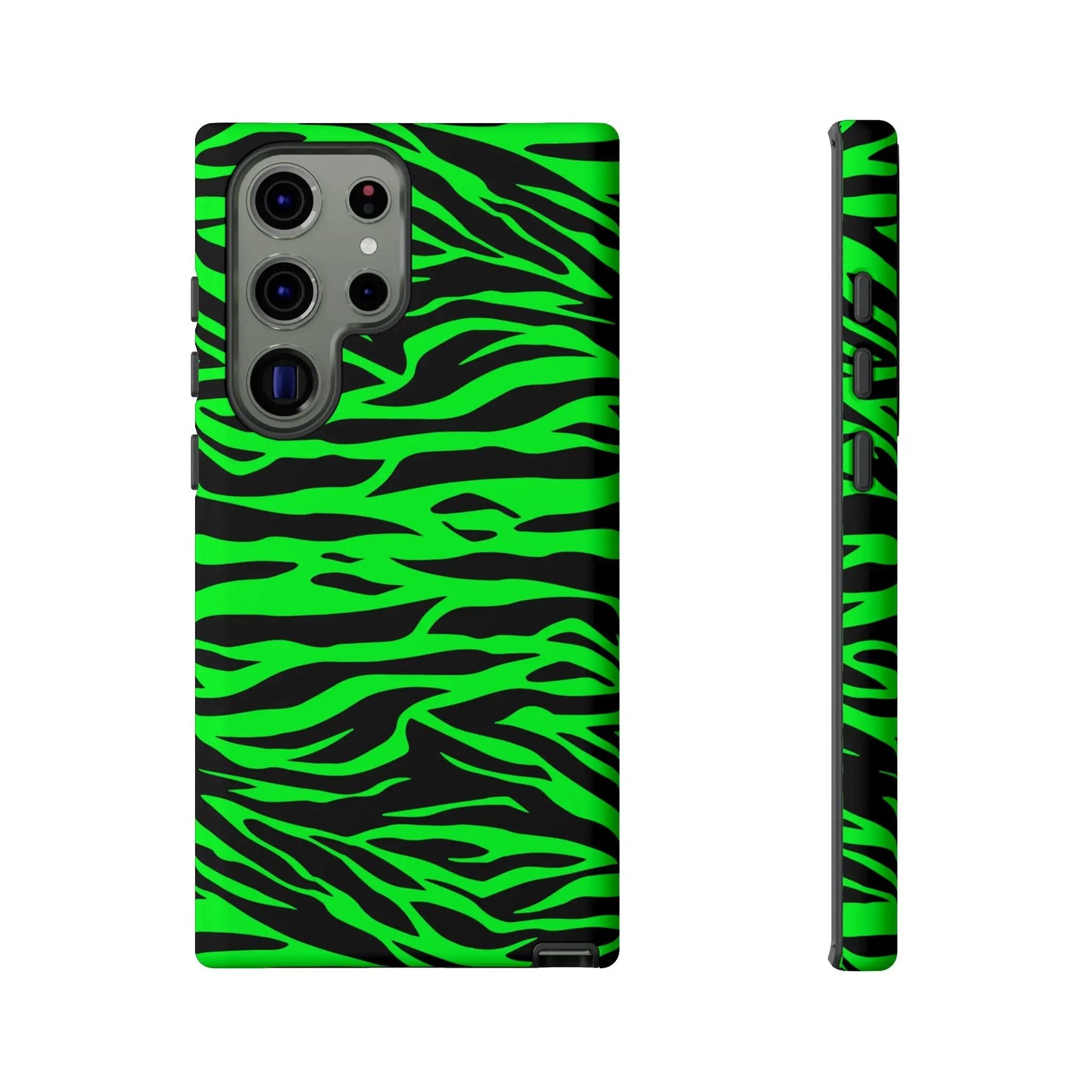 Vibrant neon green and black wild print tiger pattern phone case for samsung galaxy s21 ultra back side view