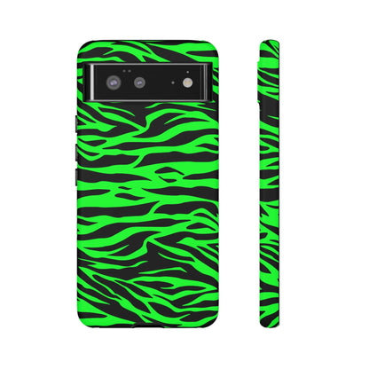 Back side of vibrant neon green and black phone case featuring green wild print tiger pattern for iphone galaxy and pixel phones