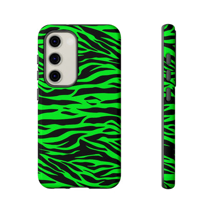 Back side of a sleek green wild print tiger pattern phone case with vibrant neon green and black zebra stripes for iPhone Galaxy and Pixel phones