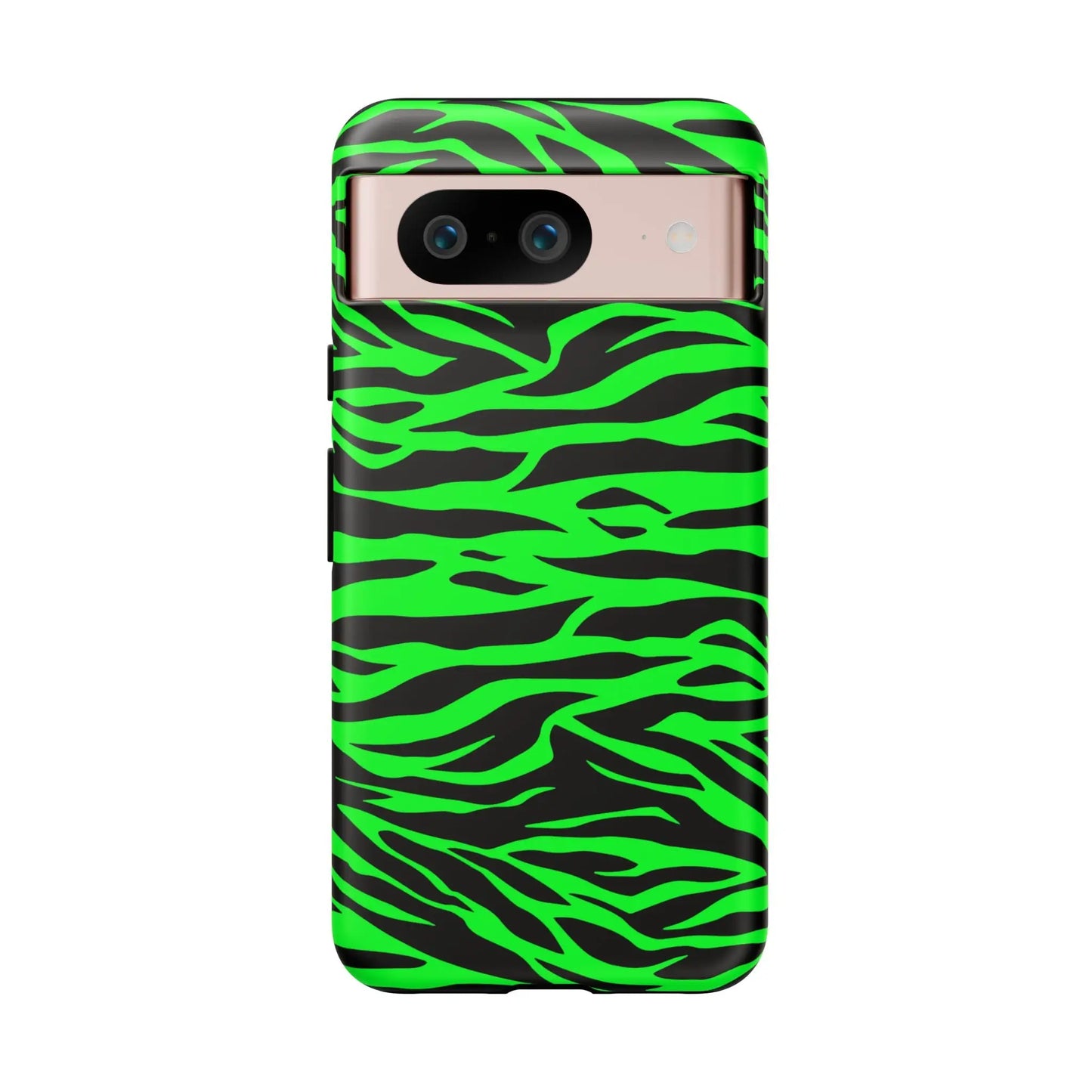 Green wild print tiger pattern phone case with vibrant neon green and black zebra-striped design shown from the back