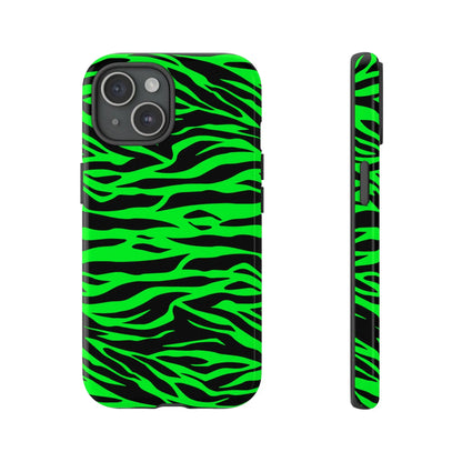 Back side of a vibrant neon green wild print tiger pattern phone case for iphone galaxy s and pixel phones