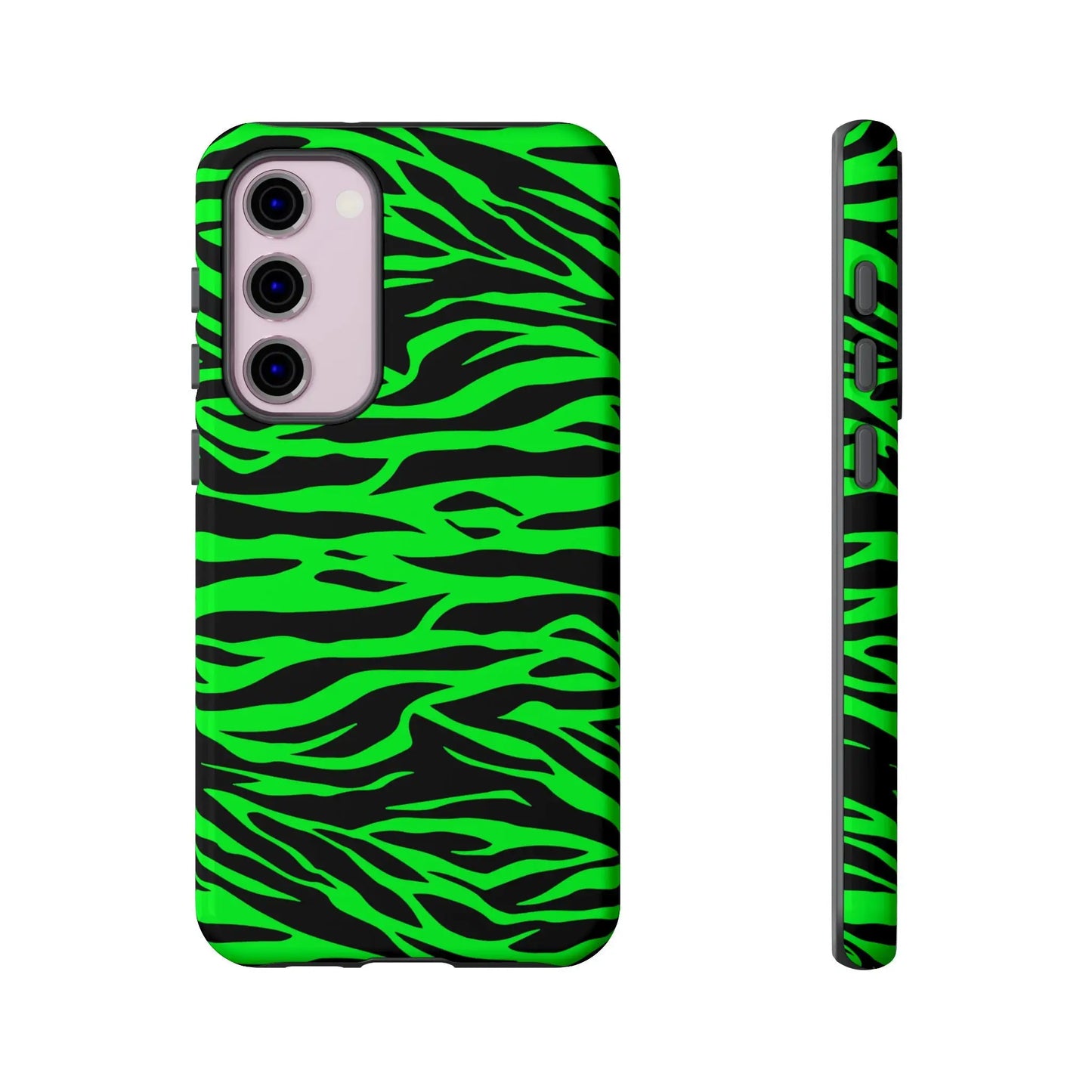 Back side of a sleek protective phone case for iphone galaxy s and pixel with vibrant green wild print tiger pattern