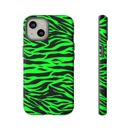 Back of vibrant neon green and black phone case with wild print tiger pattern for iphone galaxy s and pixel phones