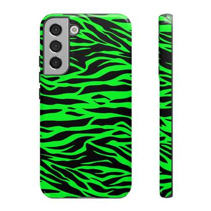 Back side of a vibrant neon green and black wild print tiger pattern phone case for samsung galaxy s21