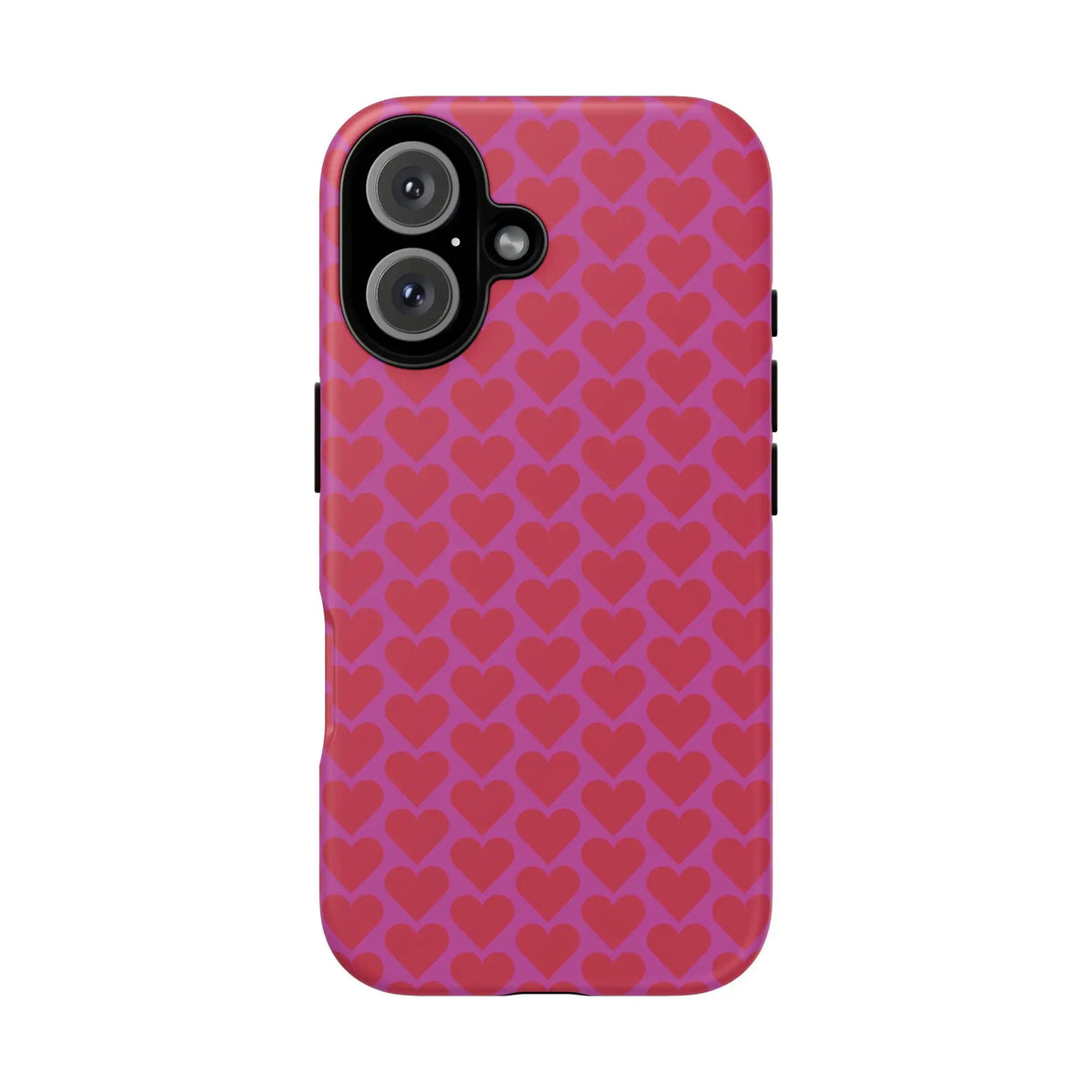 Vibrant pink heart pattern tough phone case with repeating red hearts on the back for romantic protection