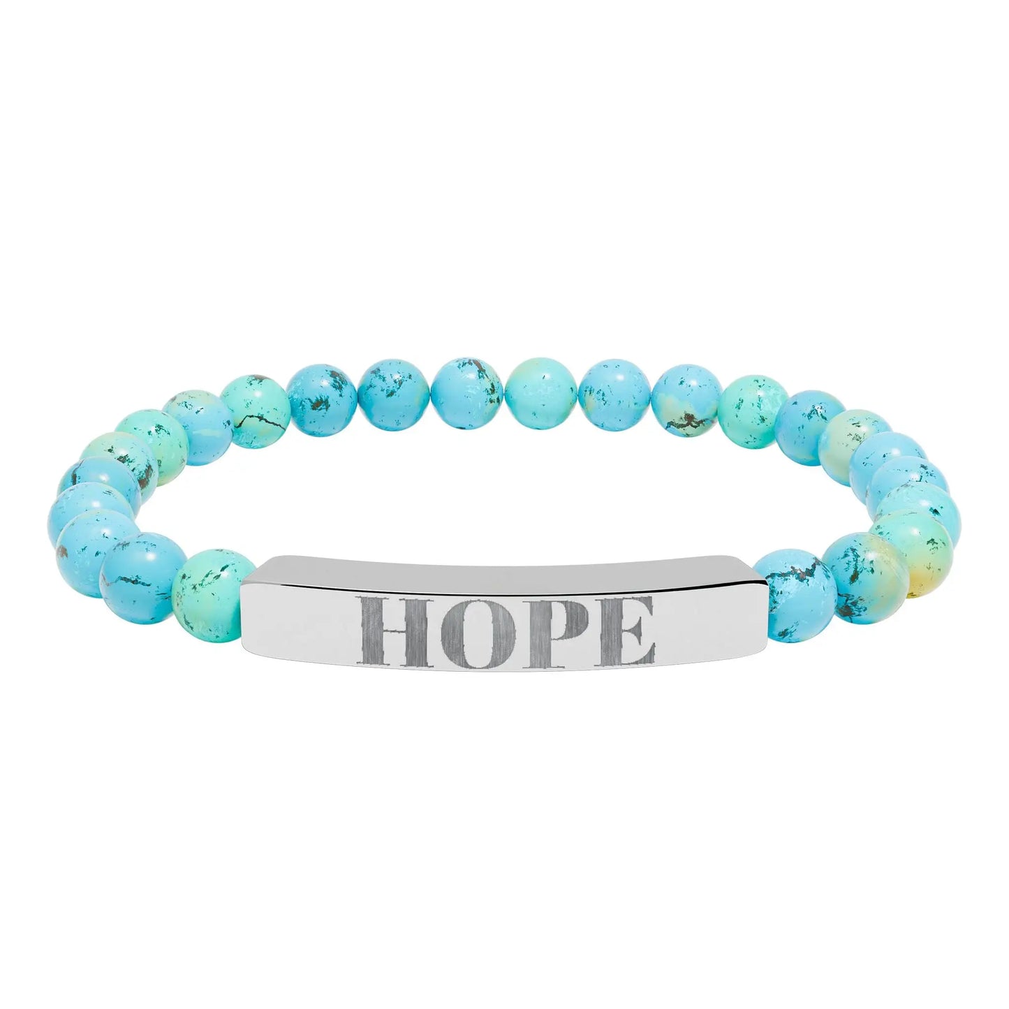 Turquoise natural stone stretch bracelet with a silver-toned engraved natural stone bar reading hope