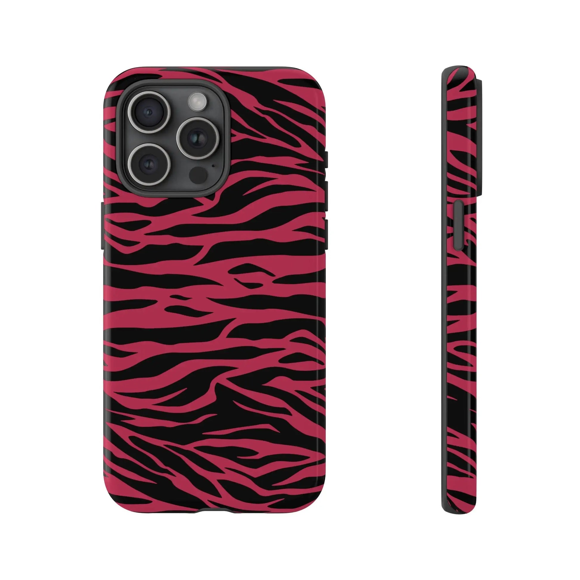 Magenta wild tiger phone case with vibrant pink and black wild tiger pattern print and sleek protective design back view