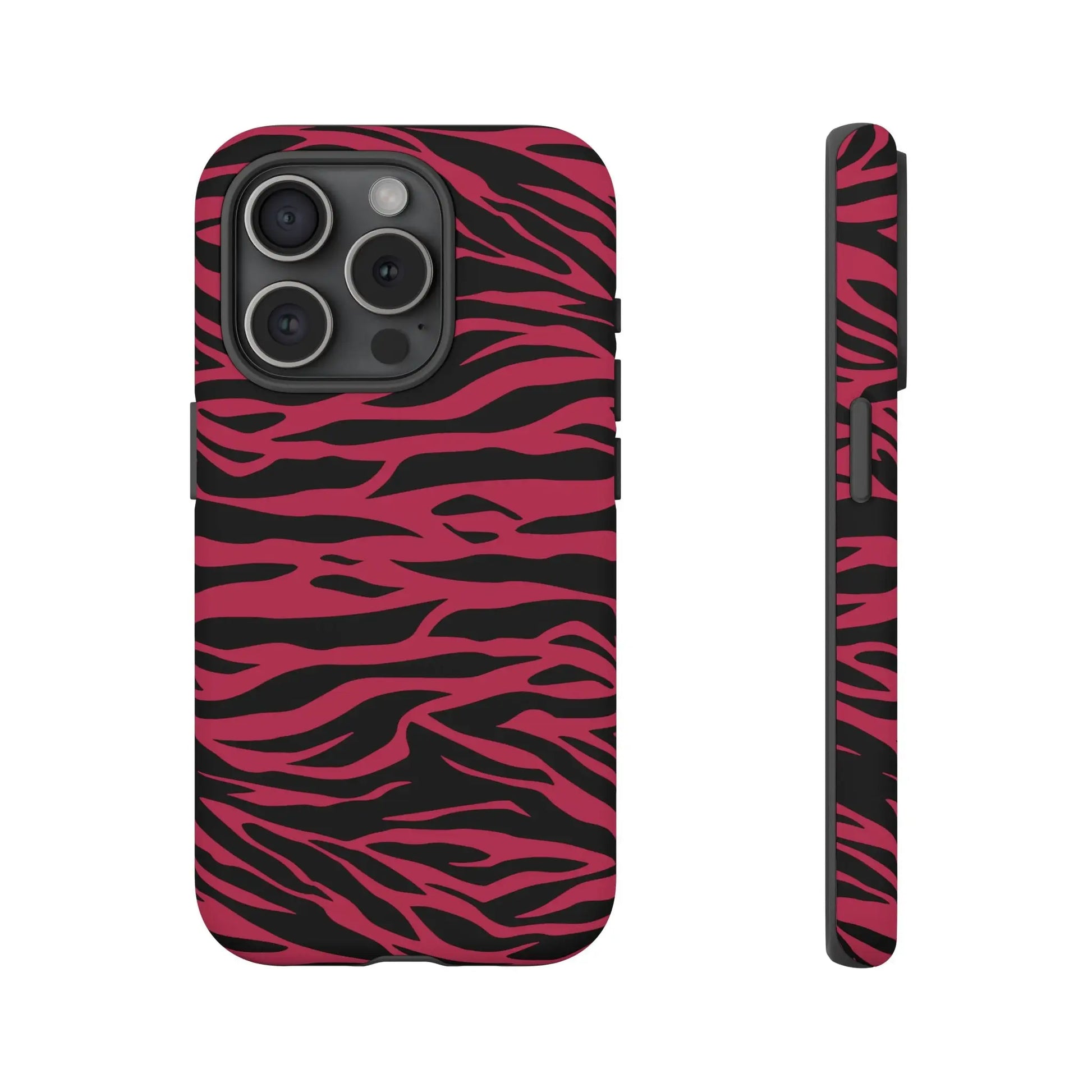 Back view of a vibrant magenta wild tiger pattern print phone case for iphone 13 pro with pink and black zebra stripes