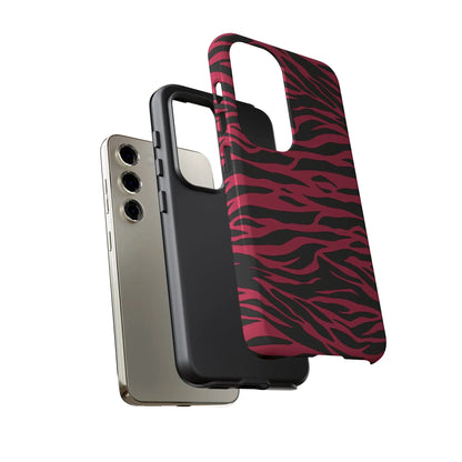 Magenta wild tiger pattern print phone case showing the back with vibrant pink and black zebra-striped design and sleek protection
