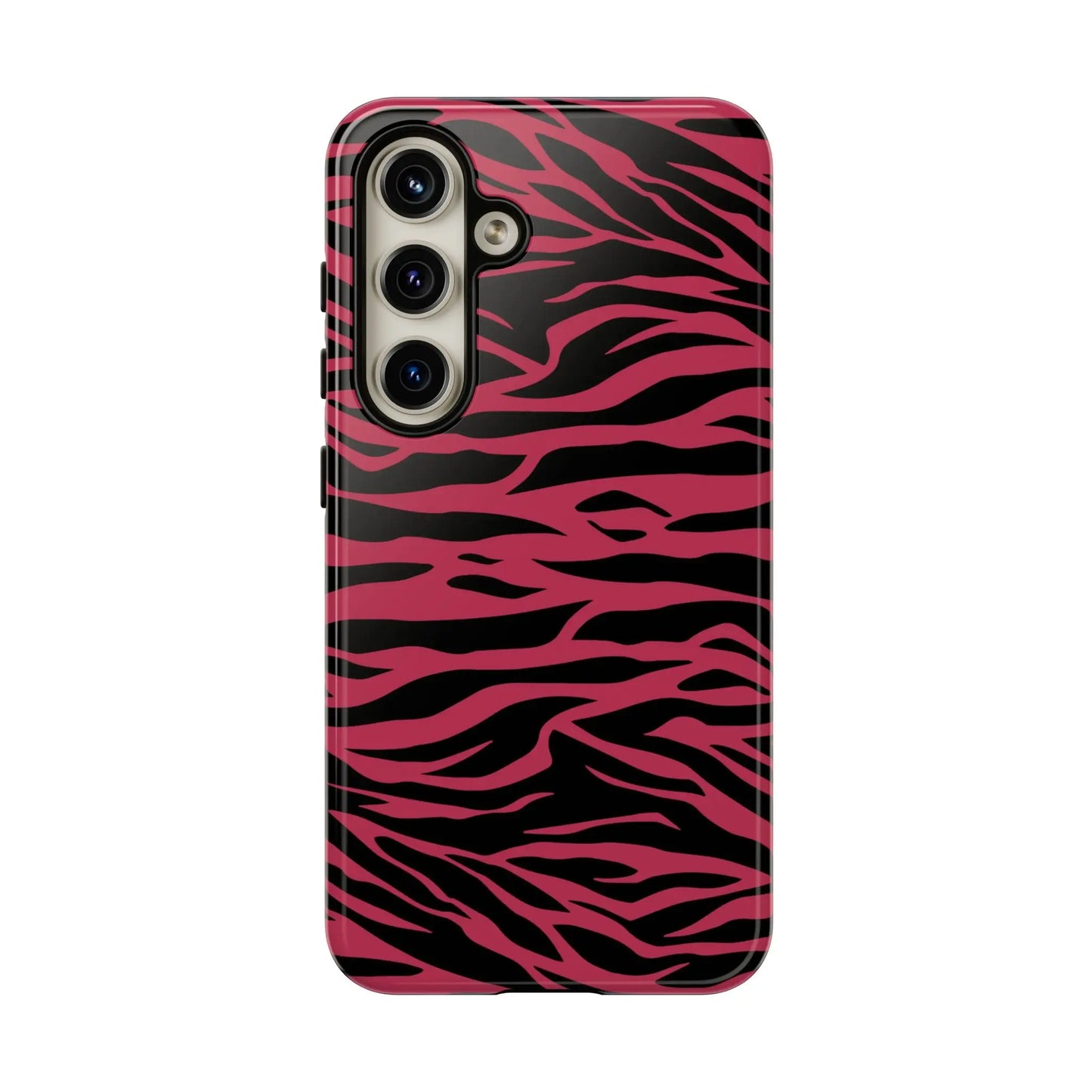 Back side of a glossy magenta wild tiger pattern print phone case with pink and black zebra stripes for samsung galaxy s23