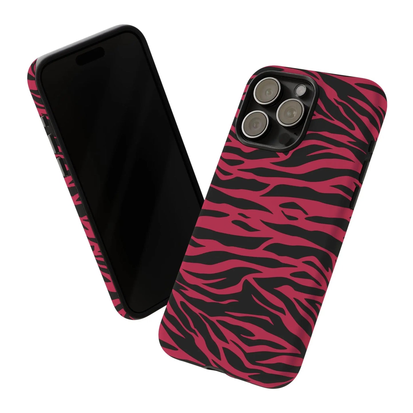 Magenta wild tiger pattern print phone case featuring a pink and black zebra-print design on the back side