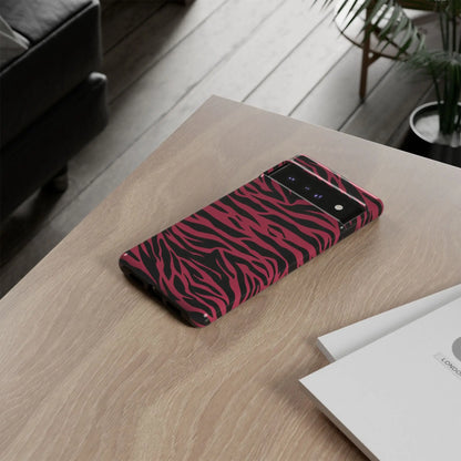 Magenta wild tiger phone case with vibrant pink and black wild tiger pattern print and a sleek glossy finish back view