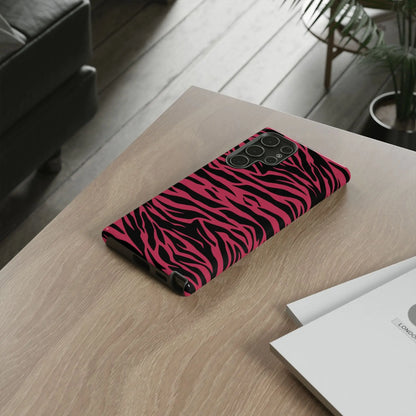 Magenta wild tiger pattern phone case with vibrant pink and black zebra stripes and sleek protective design back side