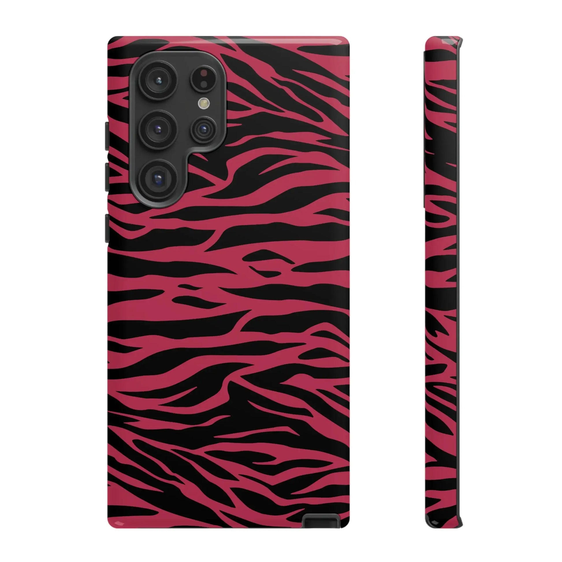 Back side of a vibrant pink and black samsung galaxy s23 ultra phone case with magenta wild tiger pattern print design