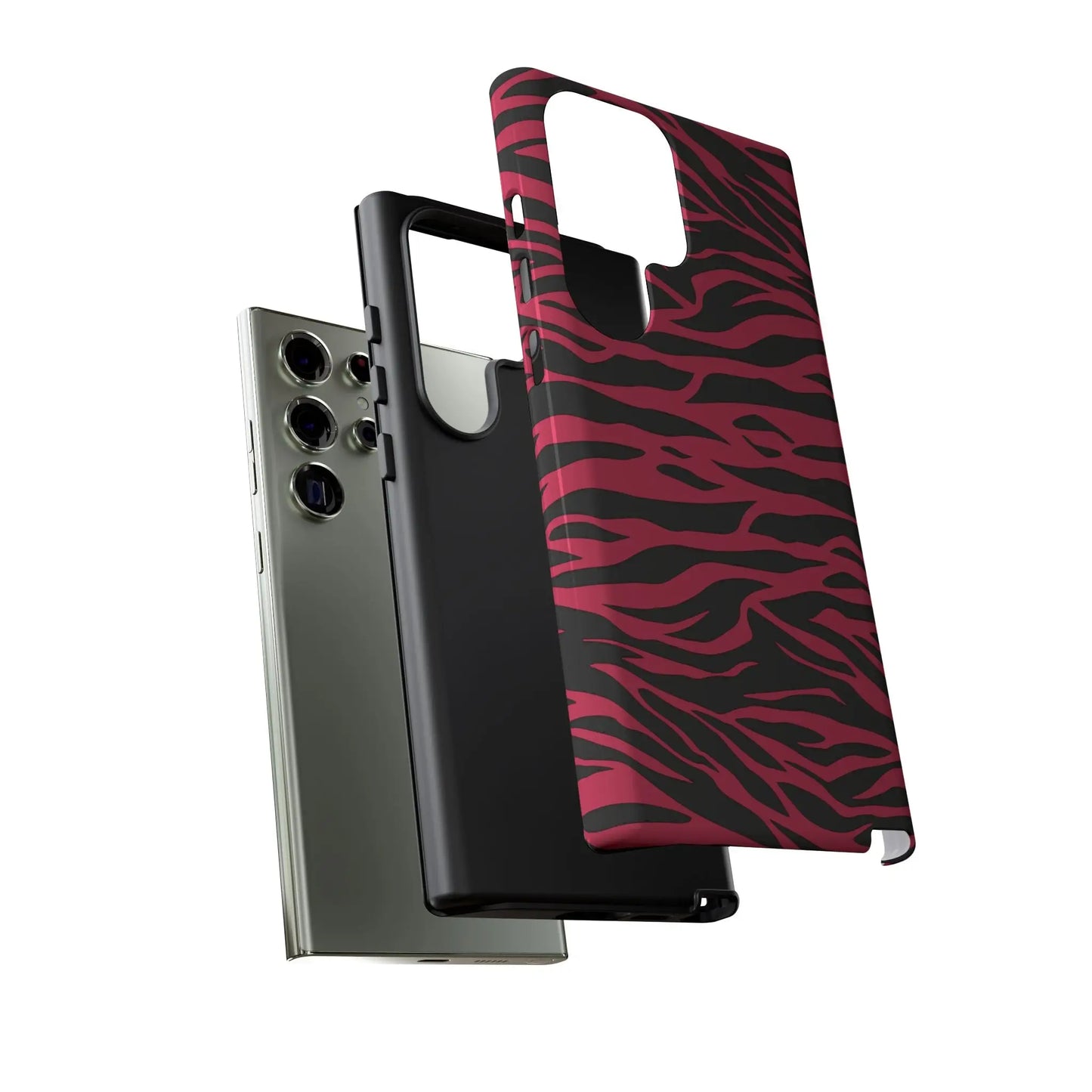 Magenta wild tiger phone case with vibrant pink and black wild tiger pattern print and sleek protective design backside view