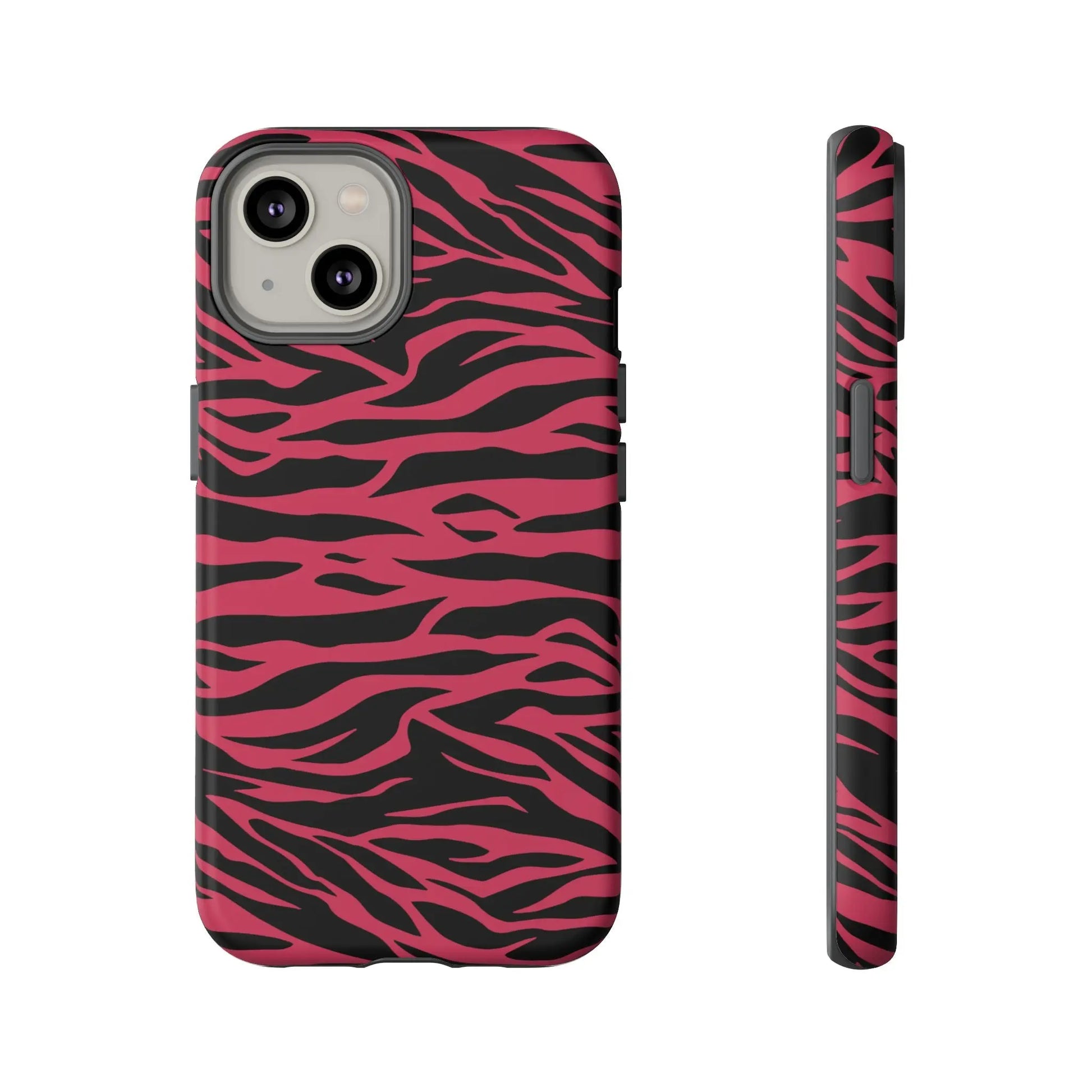 Magenta wild tiger pattern print phone case featuring pink and black zebra-print design on the back side
