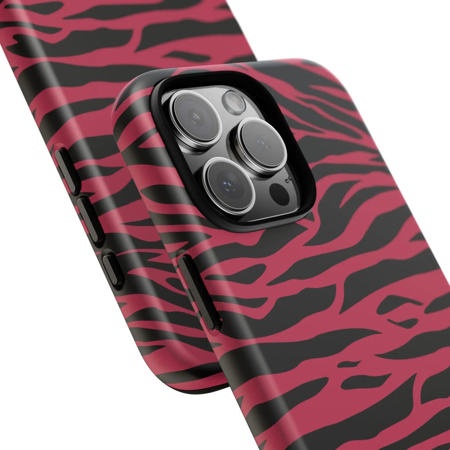 Magenta wild tiger pattern print phone case with glossy finish and vibrant pink and black tiger pattern for iphone 13 pro back