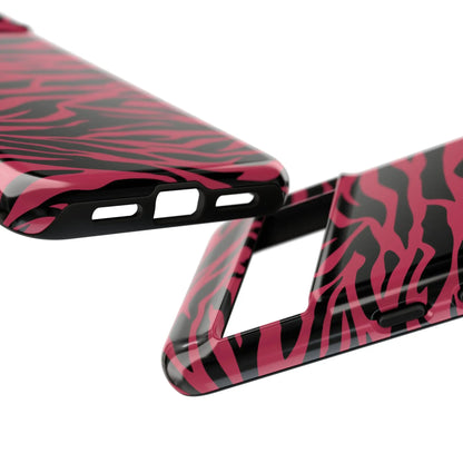 Magenta wild tiger pattern print phone case showing the back side with a glossy pink and black zebra-print design