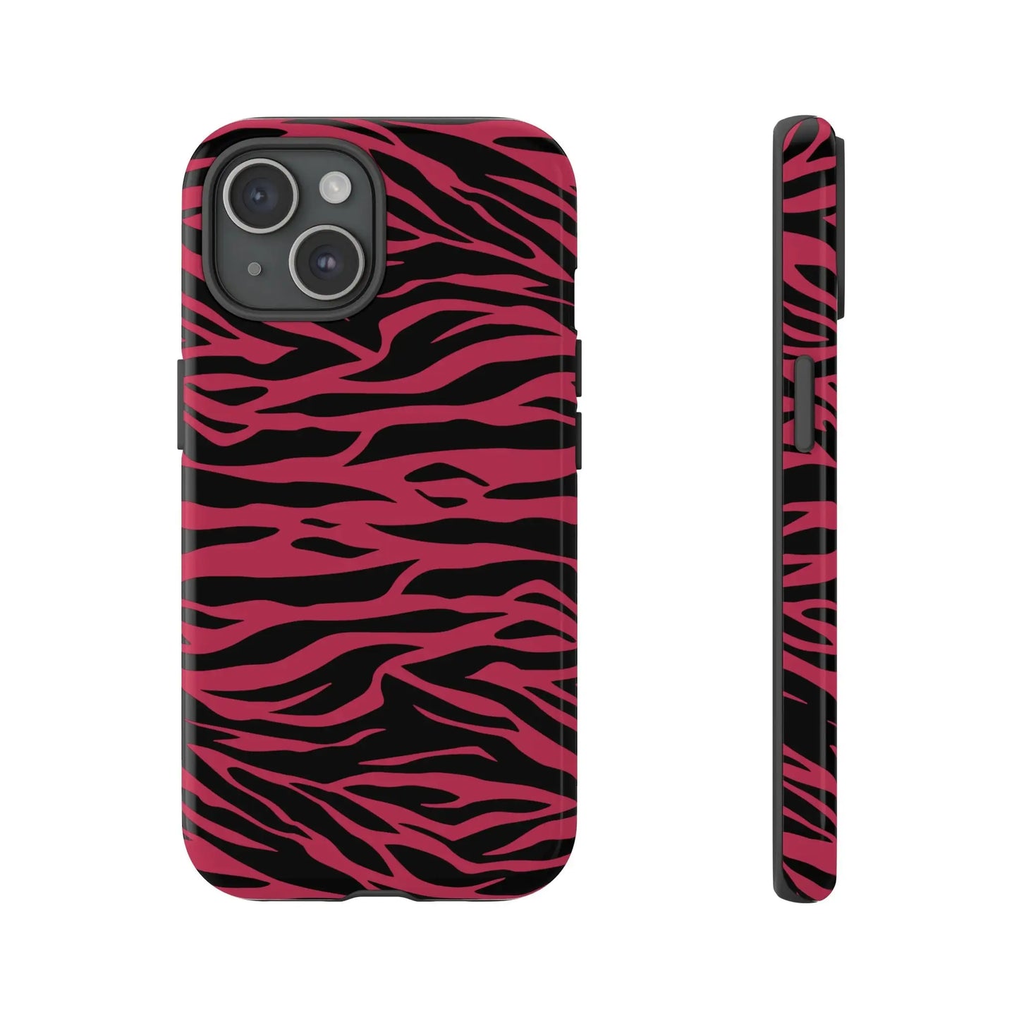 Magenta wild tiger phone case with vibrant pink and black wild tiger pattern print and sleek protective design back view