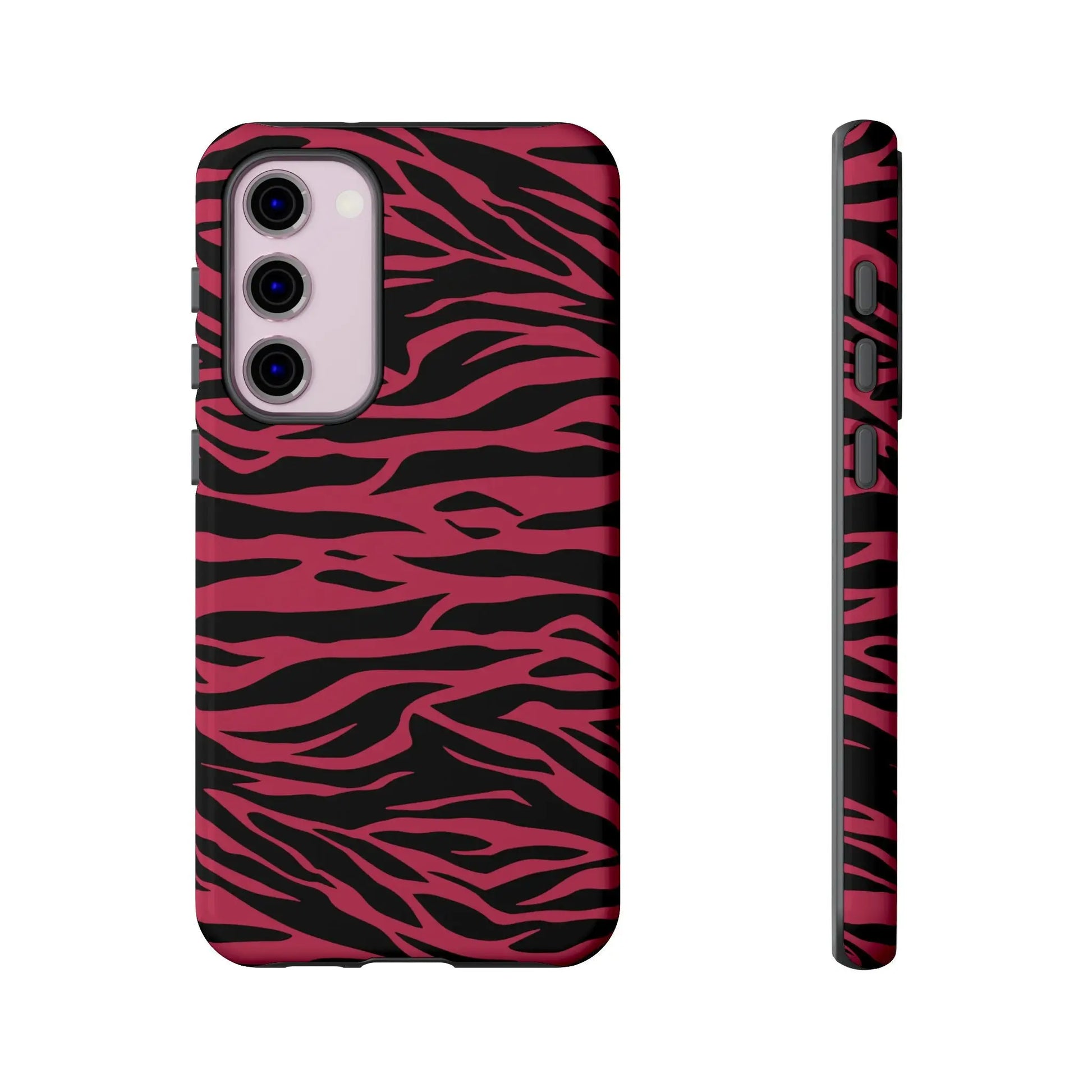 Vibrant pink and black magenta wild tiger phone case with sleek protective design showing the back side tiger pattern print