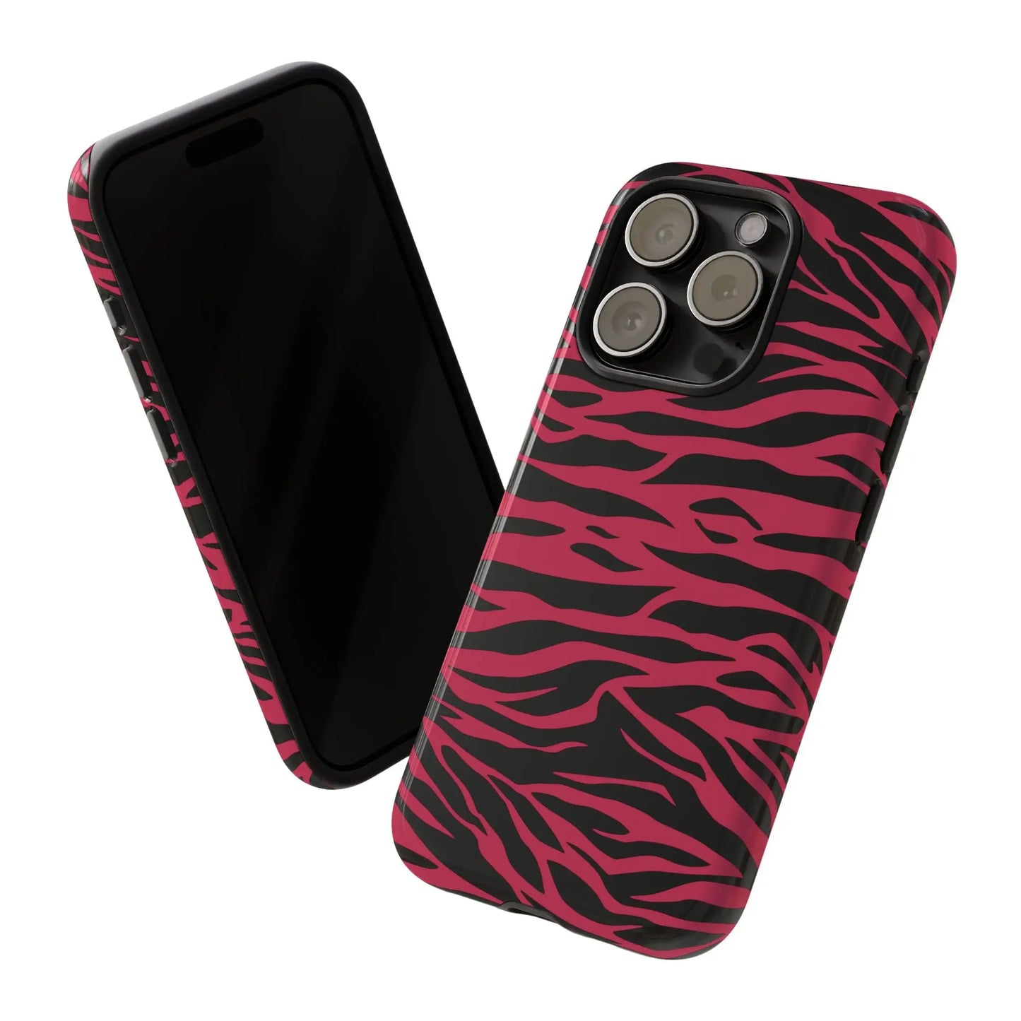 Vibrant glossy magenta wild tiger pattern print phone case with pink and black zebra stripes for iphone back view