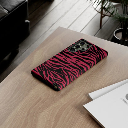 Magenta wild tiger pattern print phone case showing the back with vibrant pink and black zebra stripes and sleek protection