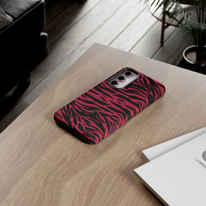 Magenta wild tiger pattern print phone case featuring a vibrant pink and black zebra striped protective design back side