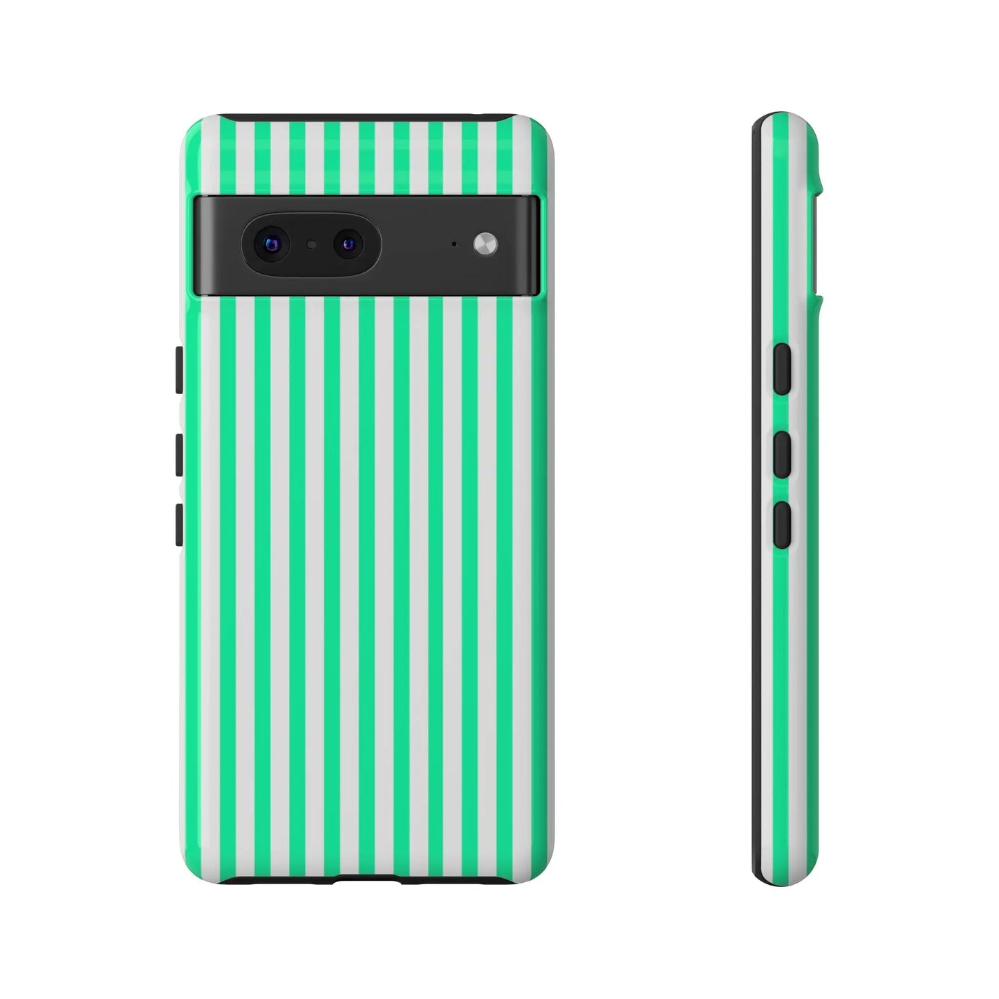Mint green vertical stripe tough phone case with a sleek modern design showing the back side of the case
