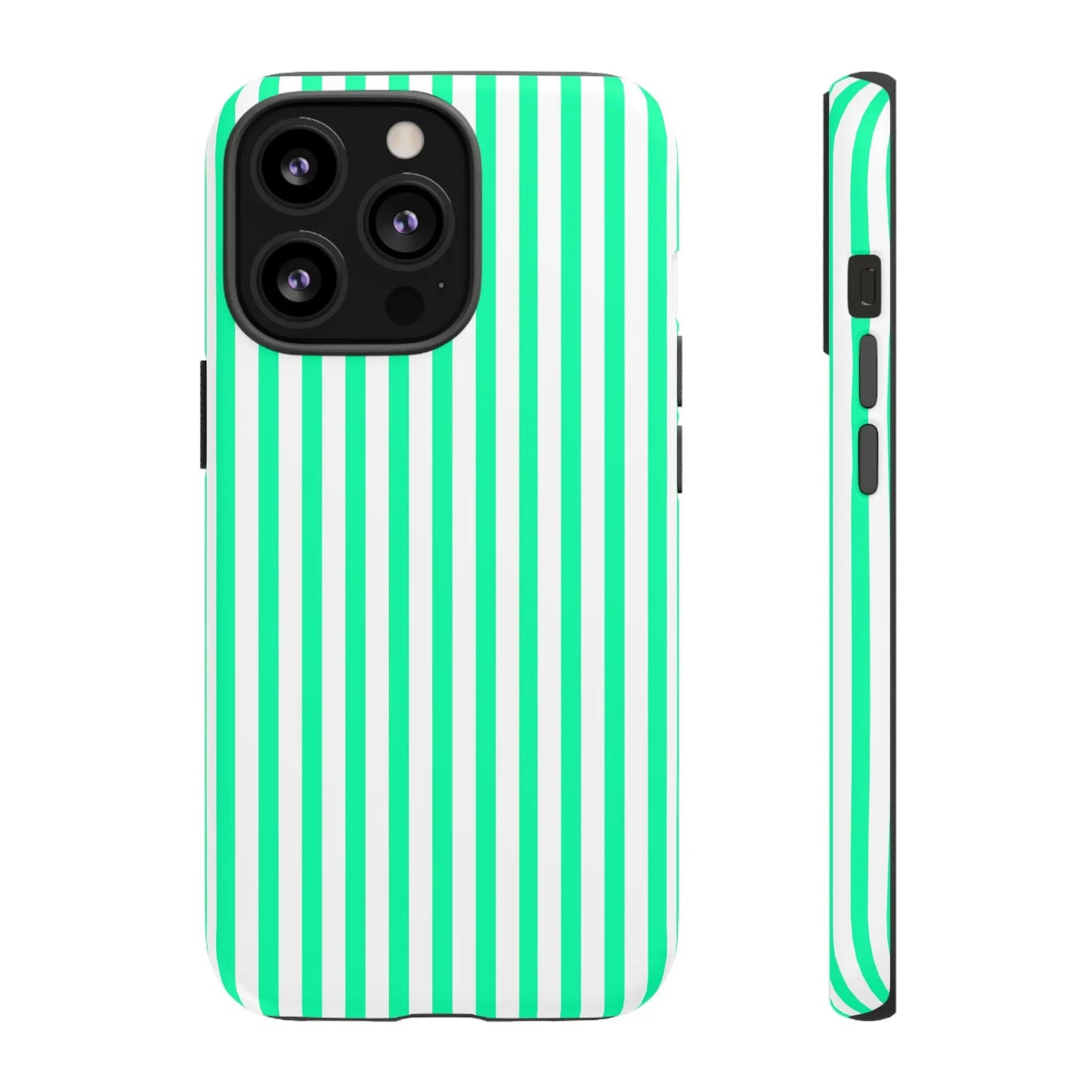 Back side of a mint green vertical stripe tough case for iphone 13 pro with protective shell and precise cutouts
