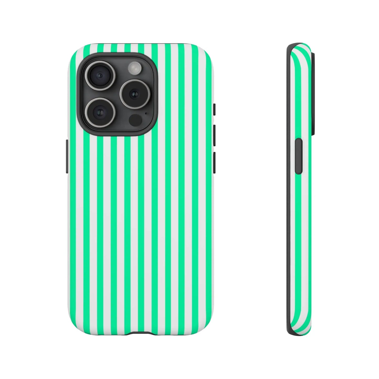 Back view of a sleek tough iphone 13 pro case with bold mint green vertical stripe and crisp white stripes