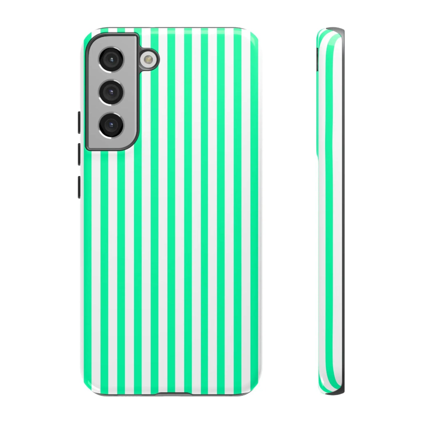 Back of a tough case phone cover for samsung galaxy s21 with bold mint green vertical stripe and white design