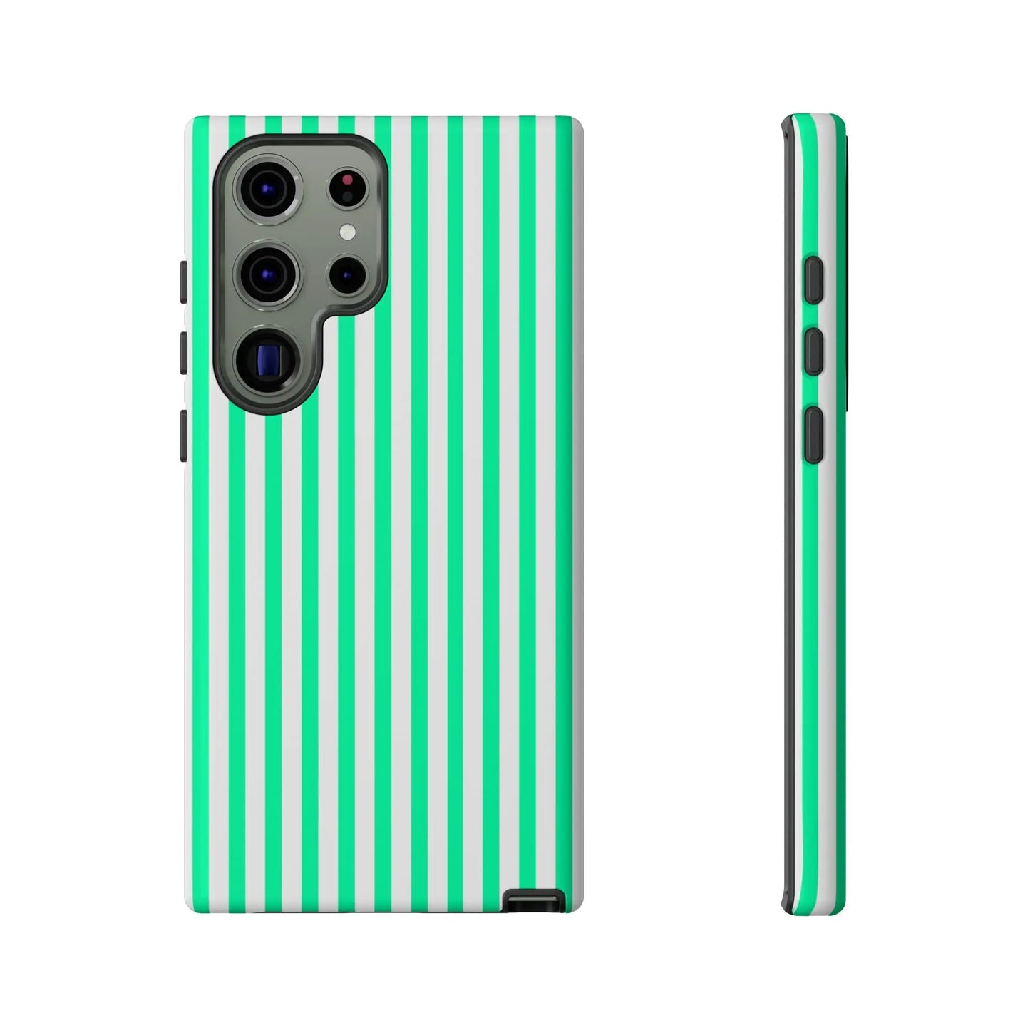 Back of a tough samsung galaxy s23 ultra phone case with bold mint green vertical stripe in white design