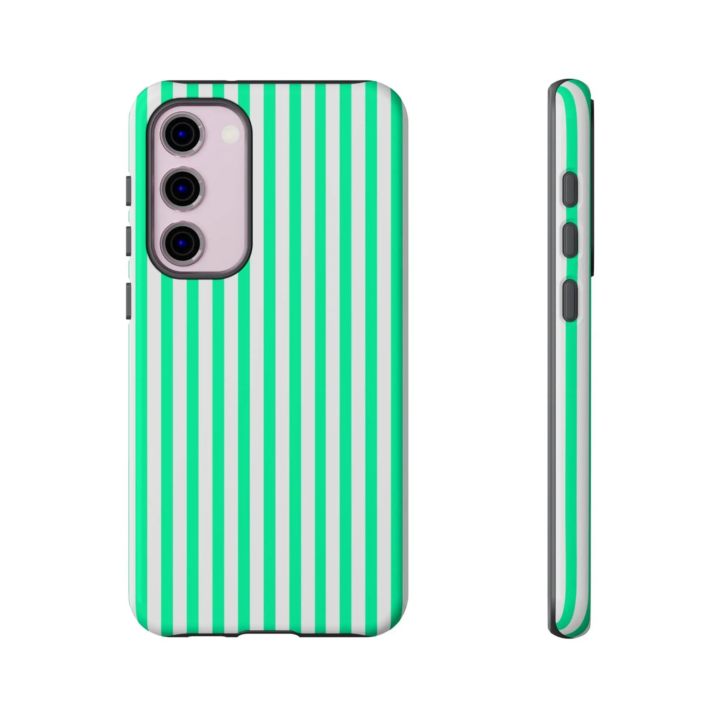 Back of a sleek tough phone case with bold mint green vertical stripe and crisp white stripes for modern smartphones