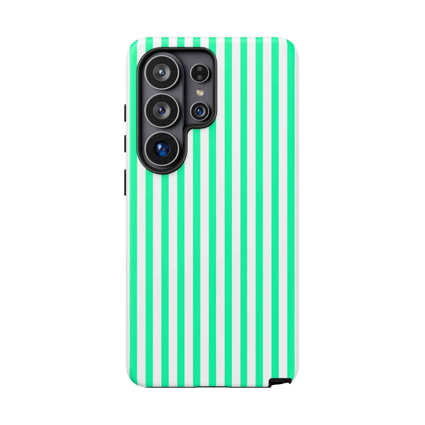 Back side of a mint green vertical stripe tough phone case with white stripes and black camera module cutout
