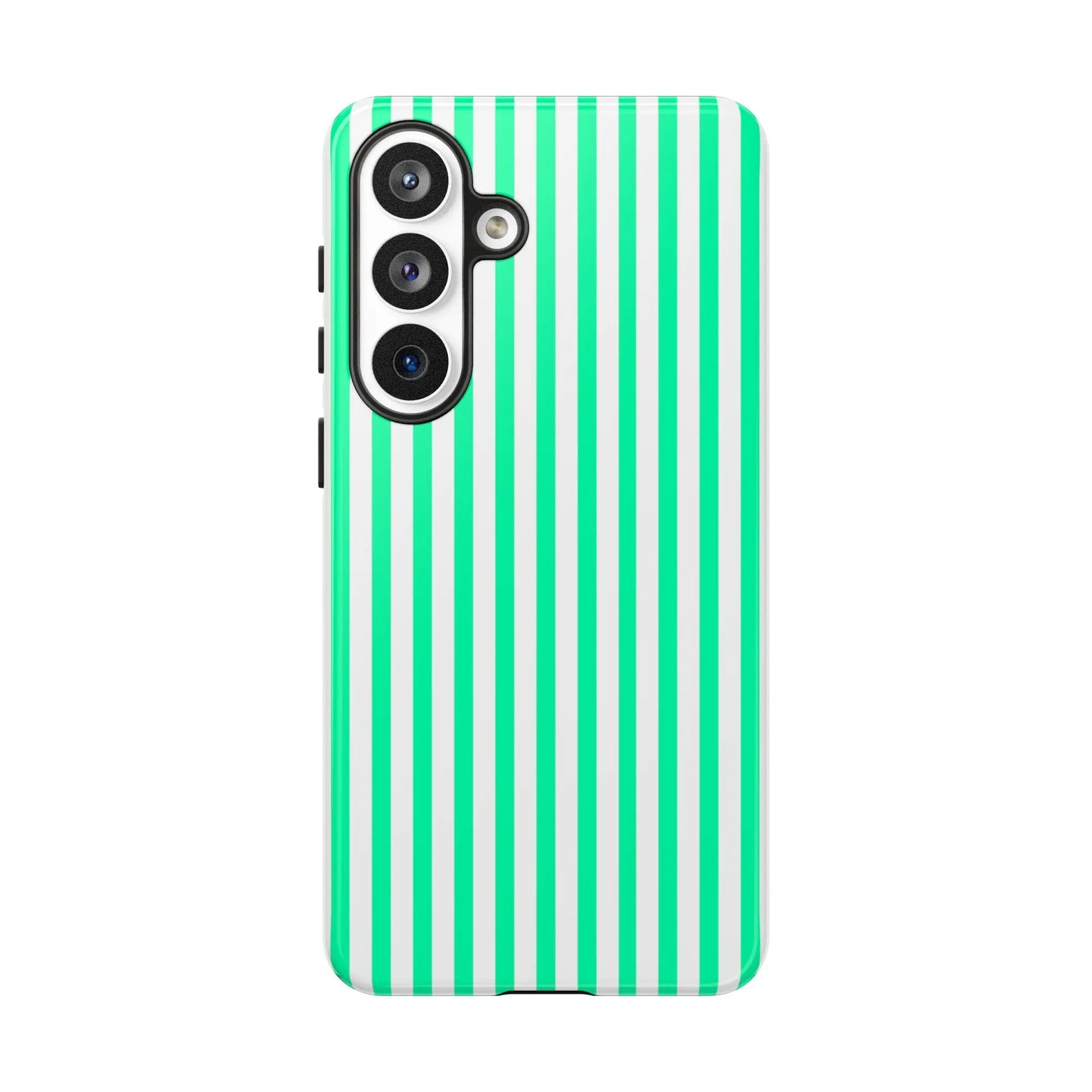 Mint green vertical stripe phone case with white stripes and a tough design shown from the back side