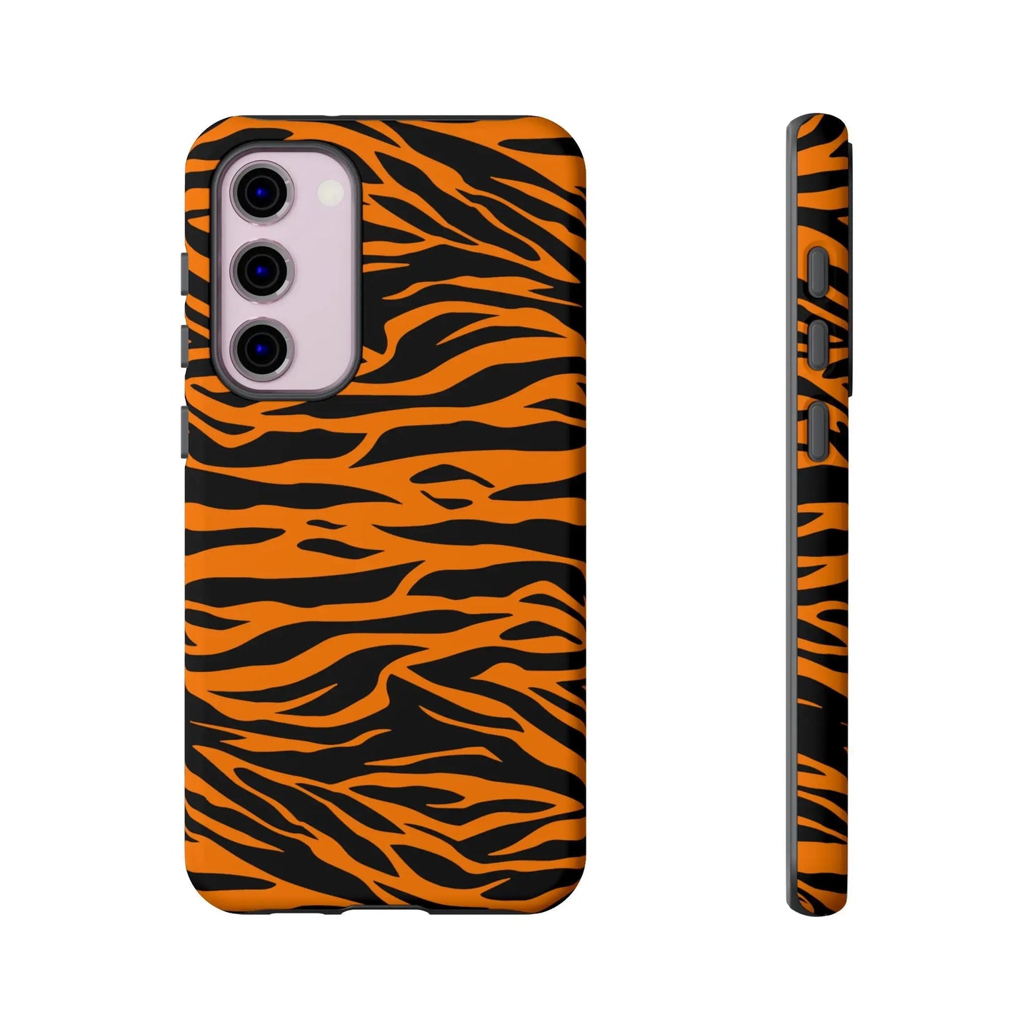Orange tiger print phone case with vibrant tiger stripe pattern on back for iphone galaxy s and pixel phones mobile phone cases