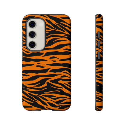 Vibrant orange tiger print phone case with bold curved stripes on the back for iphone galaxy s and pixel phones mobile phone cases
