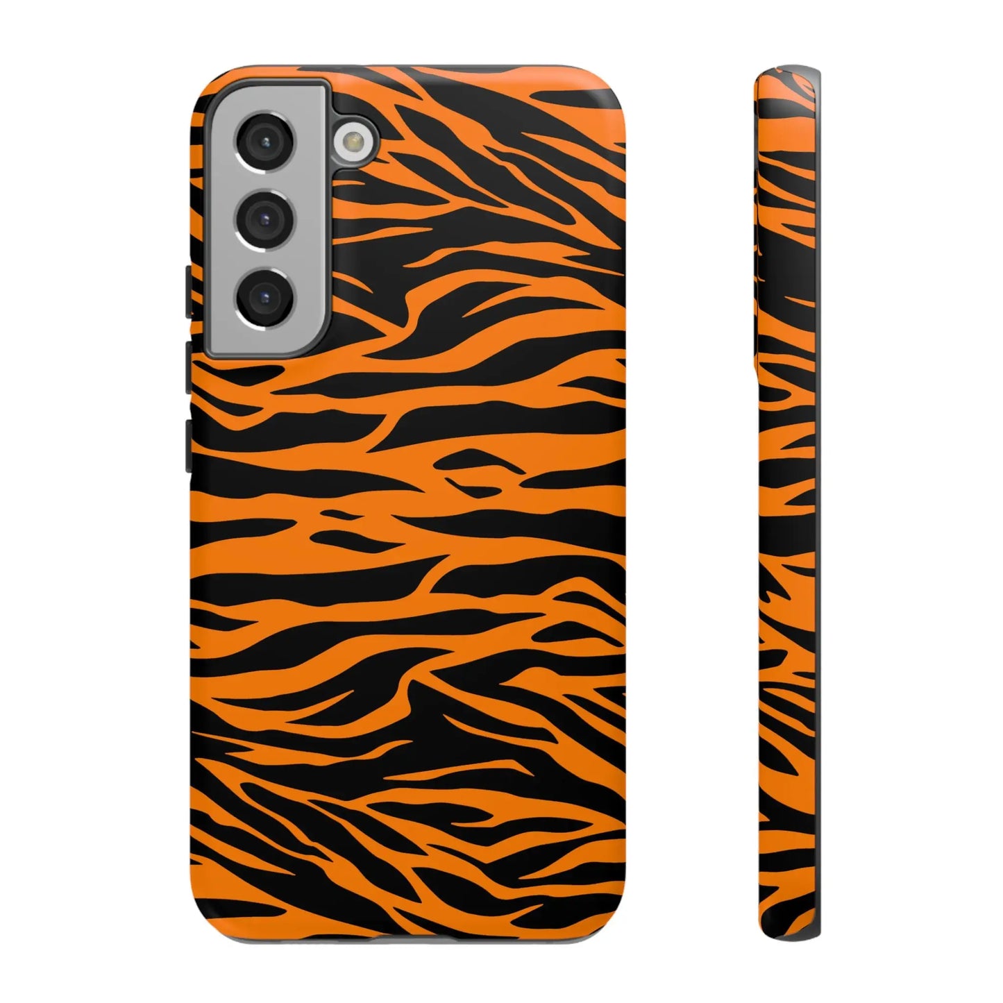 Orange tiger print mobile phone case with vibrant black tiger stripe pattern for samsung galaxy s21 back side view