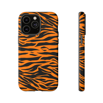 Back side of vibrant orange tiger print phone case with bold black stripes for iPhone Galaxy S and Pixel mobile phone cases
