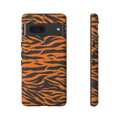 Back view of vibrant orange tiger print phone case with black stripes for iphone galaxy s and pixel phones mobile phone cases