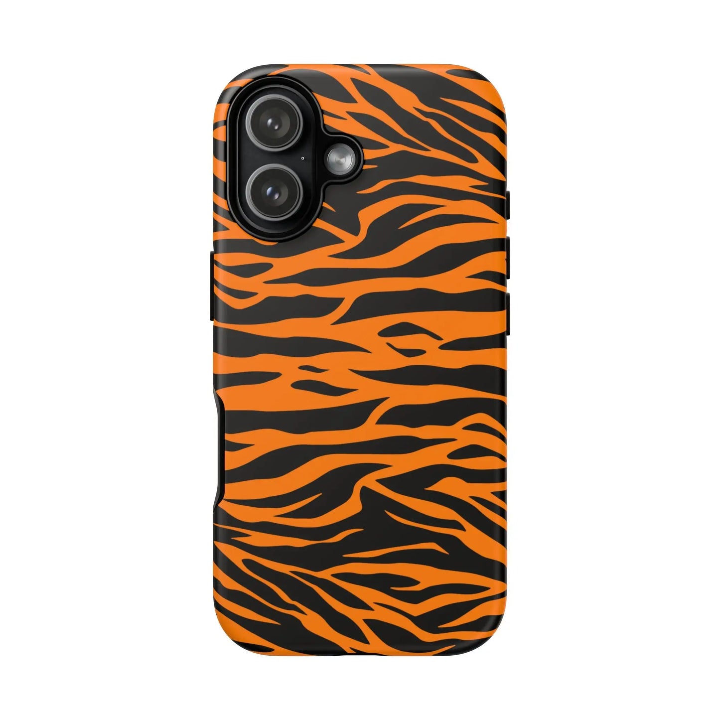 Back side of vibrant orange tiger print mobile phone case with black stripes for iphone galaxy s and pixel phones