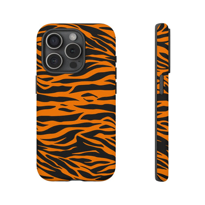 Orange tiger print phone case for iPhone Galaxy and Pixel phones with vibrant black curved tiger stripe design on back