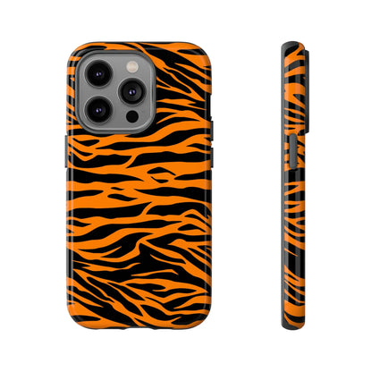 Back side of vibrant orange tiger print phone case with bold wavy stripes for iphone galaxy s and pixel phones mobile phone cases