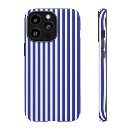 Back view of a blue white striped tough phone case with a hard shell design for protective phone cover use