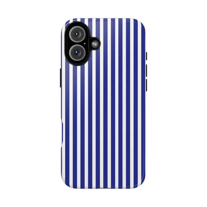 Blue white striped tough phone case with hard shell protective cover shown from the back side