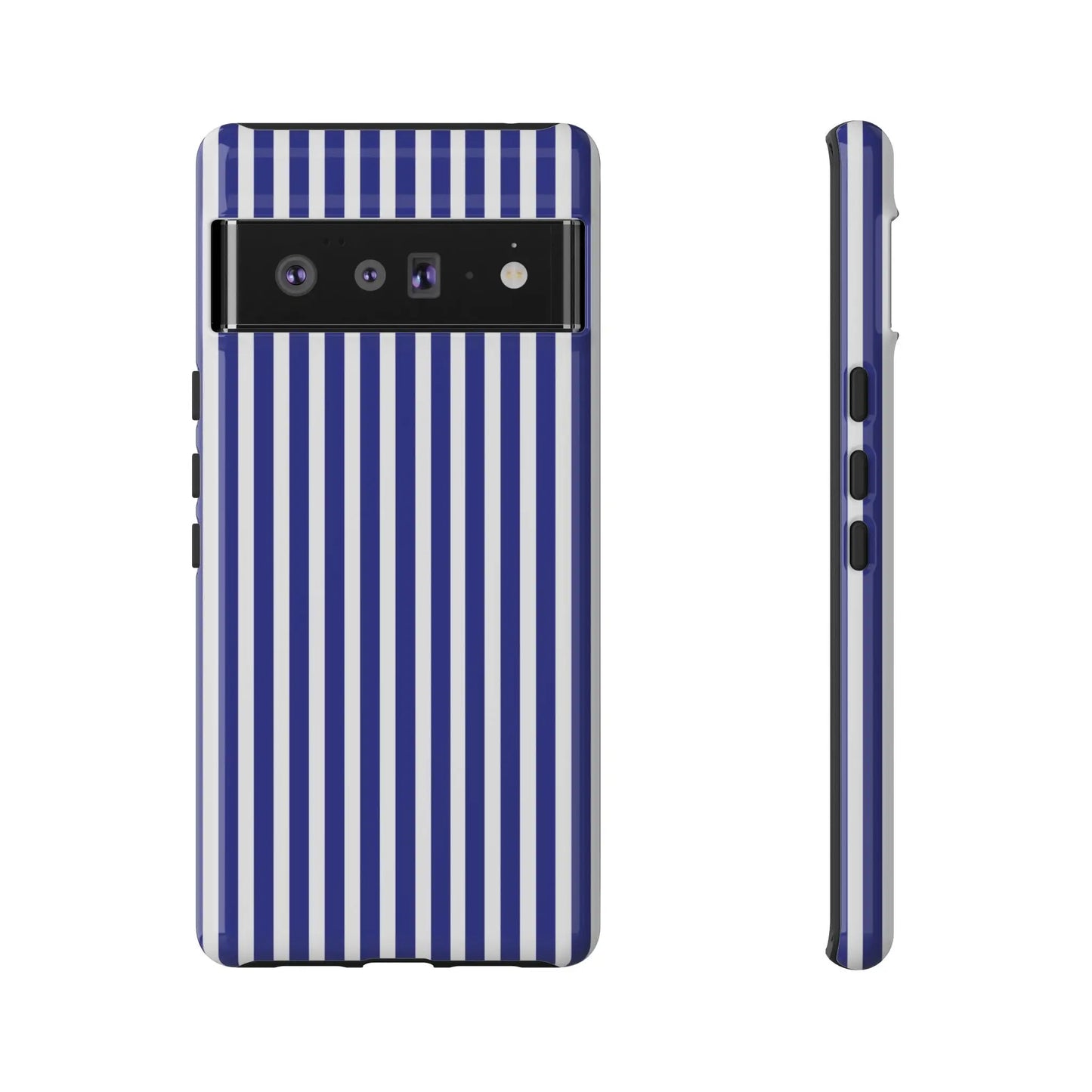 Blue white striped tough phone case hard shell protective cover shown from the back side