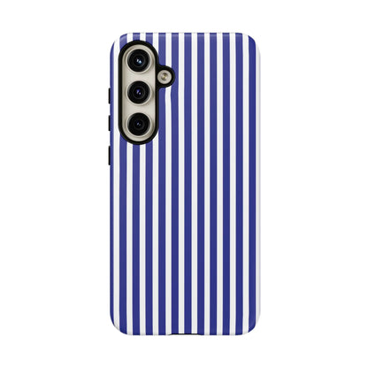 Back side of a sleek blue white striped tough phone case with hard shell protection for modern triple-camera smartphones